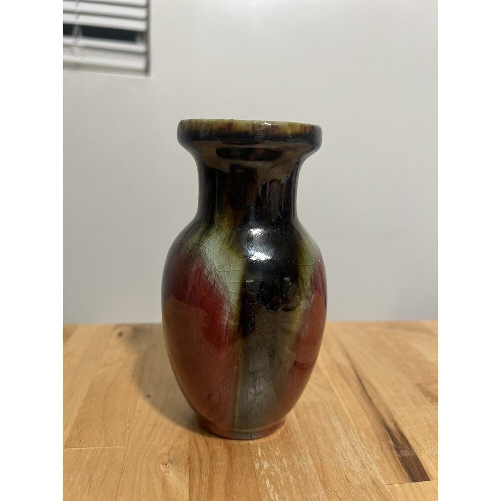 American Studio Art Pottery Flowing Flambe Glaze Modern Deco Vase 5.75" Perfect
